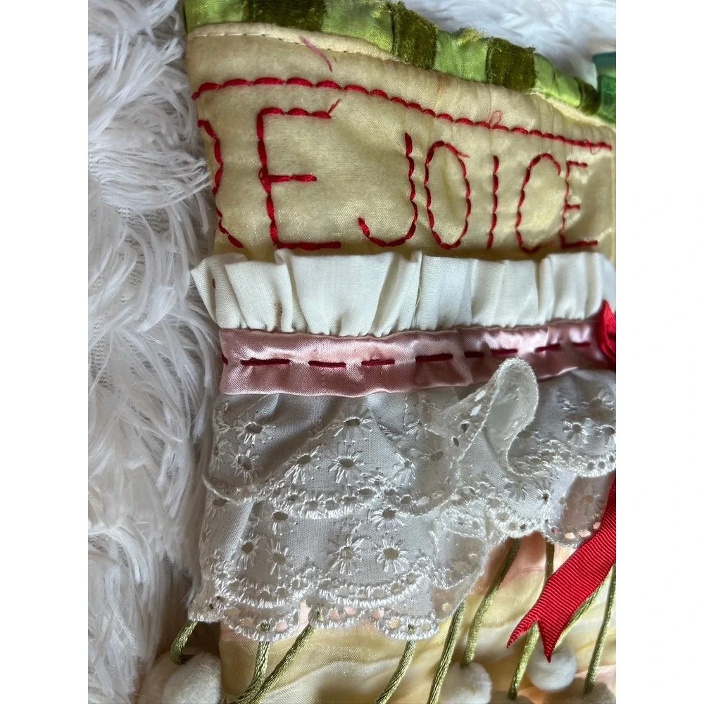 Dept 56 Christmas Stocking Big Vintage Rejoice Elf Curled Toe Lace Jester Shabby